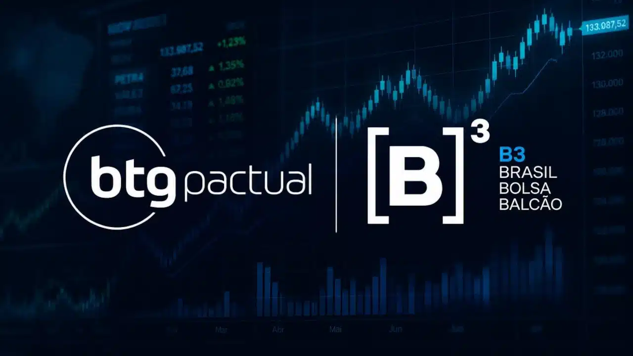 Logos de BTG e B3 lado a lado em montagem com gráfico financeiro