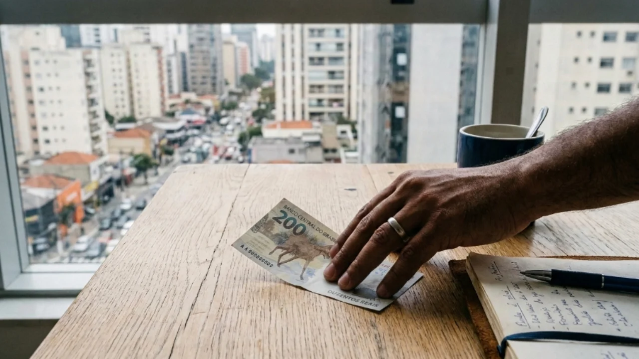 Nota de R$ 200 em cima de uma mesa