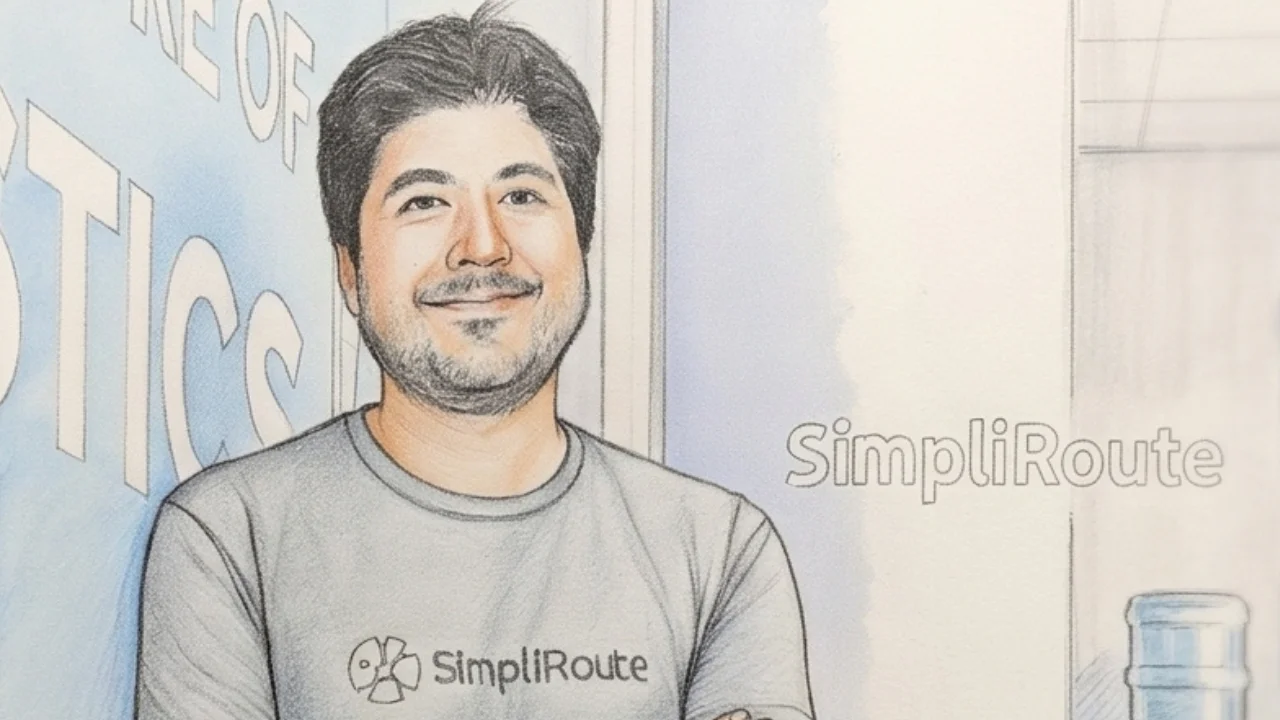 Ilustração artística digital em estilo desenho a lápis de cor e traços de aquarela, em plano médio e foco centralizado, de Álvaro Echeverria, CEO da SimpliRoute. O executivo, um homem de cabelos escuros e barba curta por fazer, aparece sorrindo cordialmente para a câmera, vestindo uma camiseta cinza mescla com o logotipo oficial e a inscrição "SimpliRoute" estampados em preto no peito. Ao fundo, uma parede de escritório em tons claros exibe, à esquerda, parte de uma palavra corporativa em letras azuis e, à direita, a marca "SimpliRoute" escrita em linhas vazadas. A composição possui iluminação suave e contornos profissionais limpos.