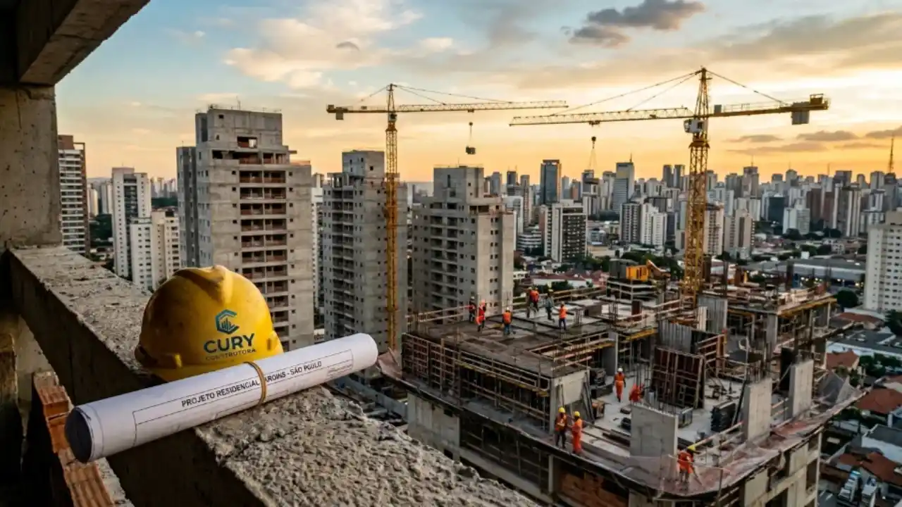 Fotografia em plano aberto e ângulo médio tirada a partir do parapeito de concreto bruto de um edifício em construção. Em primeiro plano, repousa um capacete de proteção amarelo com o logotipo azul e a inscrição "CURY CONSTRUTORA", ao lado de um rolo de projeto arquitetônico ou blueprint amarrado com elástico, onde se lê "PROJETO RESIDENCIAL ARROWS - SÃO PAULO". Ao fundo, o canteiro de obras exibe a estrutura de concreto de um prédio em andamento com operários de colete laranja trabalhando sobre a laje, ladeado por duas grandes gruas ou guindastes de torre amarelos. O horizonte revela o denso skyline repleto de edifícios residenciais da cidade sob o céu de fim de tarde com tons alaranjados.