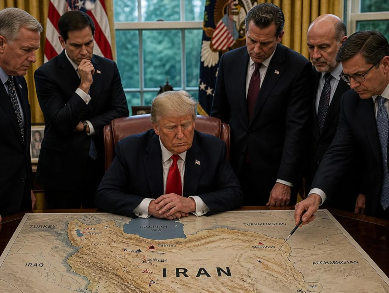 Donald Trump olha para um mapa em imagem de IA sobre guerra no Irã