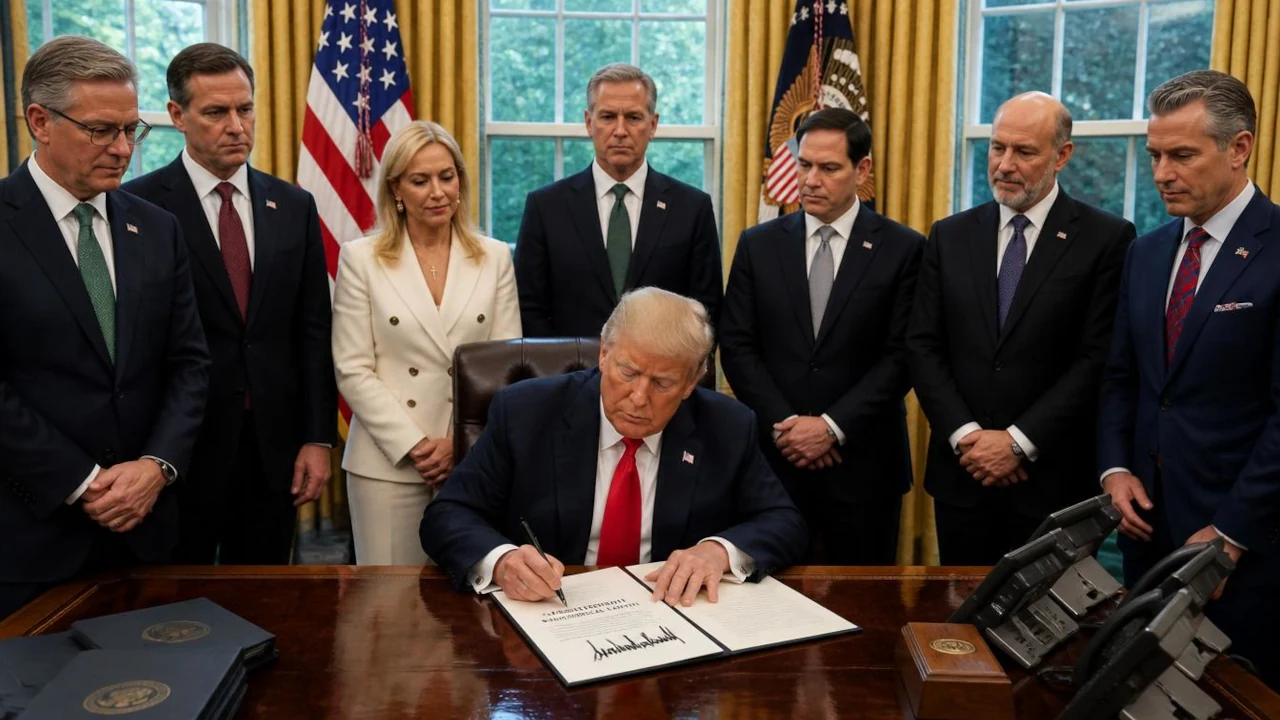 Imagem em IA reproduzindo reunião de tarifa Trump