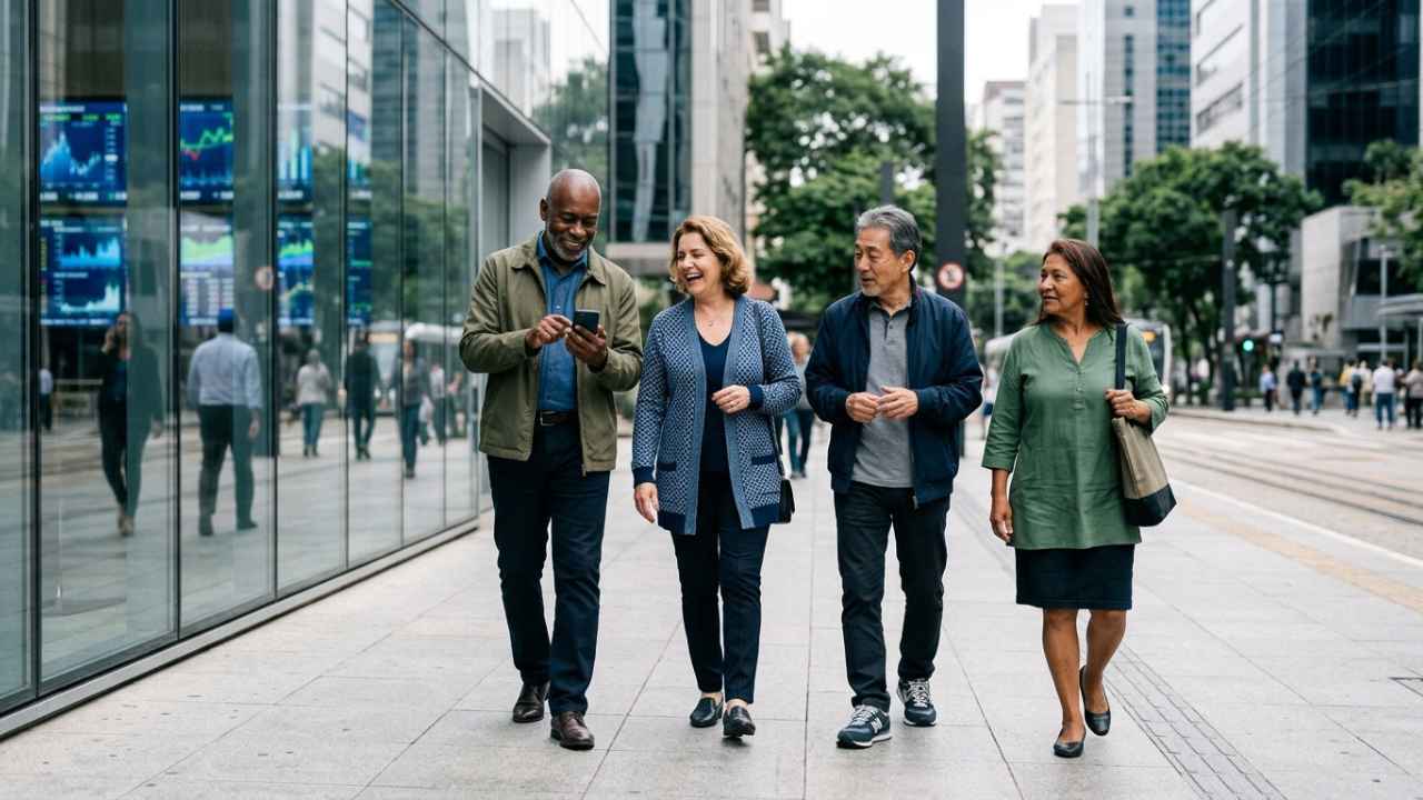 Grupo de quatro adultos maduros (dois homens e duas mulheres) de traços diversos caminhando sorridentes e conversando em uma calçada ampla de centro urbano. O homem à esquerda olha para o celular enquanto caminha. À esquerda ao fundo, destaca-se a fachada de vidro espelhado de um prédio corporativo exibindo painéis eletrônicos azuis com gráficos do mercado financeiro.