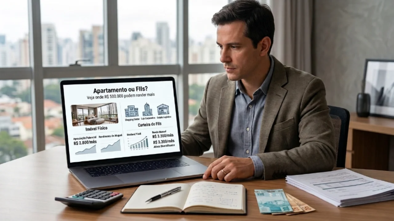 Fotografia em plano médio com ângulo lateral de um investidor de terno marrom-claro e camisa social azul focado enquanto analisa a tela de um notebook sobre uma mesa de madeira. A tela exibe de forma nítida um infográfico intitulado "Apartamento ou FIIs? Veja onde R$ 500.000 podem render mais". O painel esquerdo detalha o "Imóvel Físico" com a foto de um quarto de apartamento moderno e projeções de "R$ 2.800/mês", acompanhadas por um gráfico de barras ascendentes. O painel direito detalha uma "Carteira de FIIs" com ícones de shopping center, laje corporativa e galpão logístico, além de um gráfico de dividend yield apontando a renda de "R$ 3.300/mês". Sobre a mesa, encontram-se uma calculadora financeira preta, um caderno espiral aberto com uma caneta prata, cédulas de Real (notas de R$ 100 e R$ 50) e relatórios impressos. Ao fundo, uma grande janela revela o panorama desfocado de uma cidade repleta de prédios residenciais.