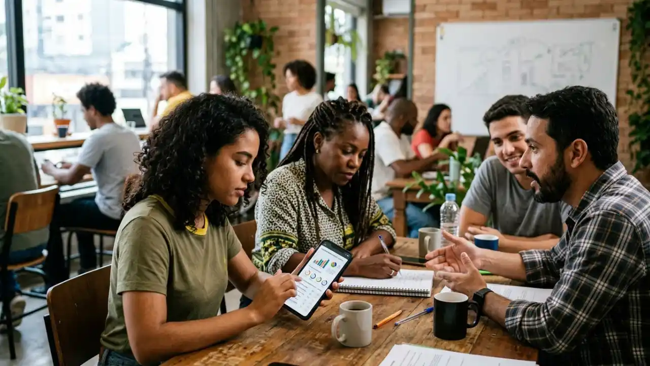 Fotografia em plano médio de quatro pessoas reunidas ao redor de uma mesa de madeira rústica em uma cafeteria bem iluminada. Em primeiro plano à esquerda, uma mulher jovem de cabelos cacheados e camiseta verde manuseia a tela de um celular que exibe gráficos de barras e pizzas coloridos. Ao seu lado, uma mulher de blusa estampada faz anotações em um caderno. À direita, dois homens conversam atentamente observando papéis sobre a mesa. Sobre o móvel, há xícaras de café, garrafas de água, canetas e blocos de notas. Ao fundo, paredes de tijolos aparentes, plantas e outras pessoas em ambiente colaborativo.