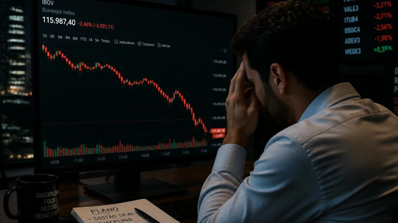 Trader olha monitor com gráfico em queda para Ibovespa hoje