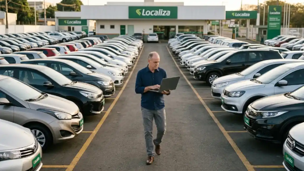 Fotografia de plano geral e perspectiva linear de um amplo pátio automotivo externo asfaltado de uma agência de locação da Localiza. Dezenas de veículos modernos estão estacionados e perfeitamente alinhados em duas grandes fileiras paralelas: carros de passeio em tons de prata e cinza à esquerda, e modelos em tons de preto e branco à direita. Ao fundo, destaca-se a estrutura arquitetônica da agência com fachadas brancas e letreiros retangulares verdes exibindo o logotipo oficial e a inscrição "Localiza". No centro do corredor, um homem de cabelos claros, vestindo camisa social azul-marinho de mangas longas e calça de sarja cinza, caminha em direção à câmera focado enquanto opera um notebook cinza aberto em suas mãos. A iluminação de luz do dia é uniforme e limpa.