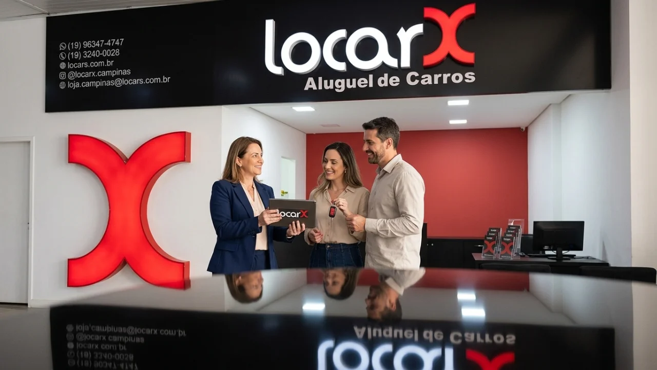 Fotografia em plano médio de três pessoas sorrindo no interior de uma agência moderna de aluguel de carros. À esquerda, uma profissional vestindo um terno azul-marinho e camisa clara segura um tablet preto que exibe a marca "locarX". No centro e à direita, um casal de empreendedores interage com ela; a mulher segura uma chave de veículo com controle remoto. Ao fundo, destaca-se um grande painel horizontal preto com o letreiro institucional "locarX Aluguel de Carros" em letras brancas e vermelhas, acompanhado de contatos comerciais da unidade de Campinas. Na parede lateral vermelha, há um grande elemento decorativo luminoso em formato de "X" estilizado. Uma superfície preta polida e espelhada em primeiro plano projeta o reflexo nítido de toda a cena.