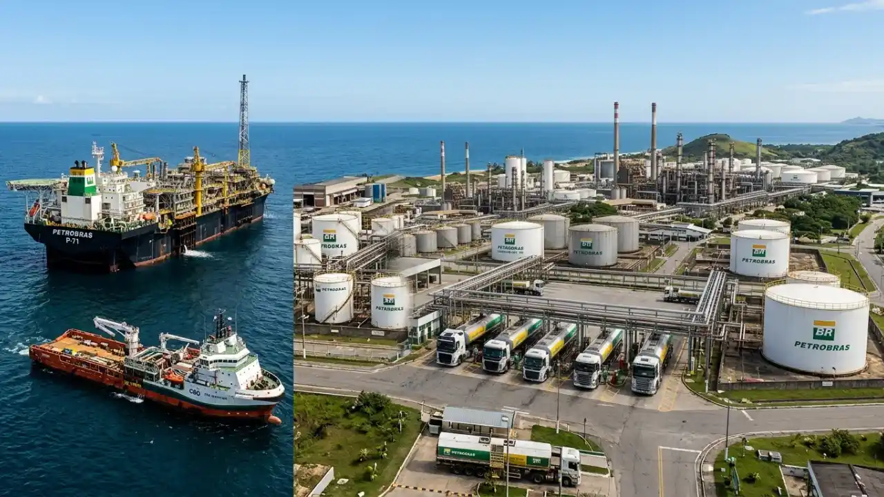 Composição fotográfica em duas partes sobre o setor petrolífero brasileiro. À esquerda, em águas azuis sob céu aberto, a plataforma navio-tanque FPSO P-71 da Petrobras opera ao lado de uma embarcação de apoio marítimo. À direita, vista aérea de um complexo industrial com tanques de armazenamento cilíndricos brancos com a logomarca da Petrobras e caminhões-tanque estacionados em baias de carregamento.