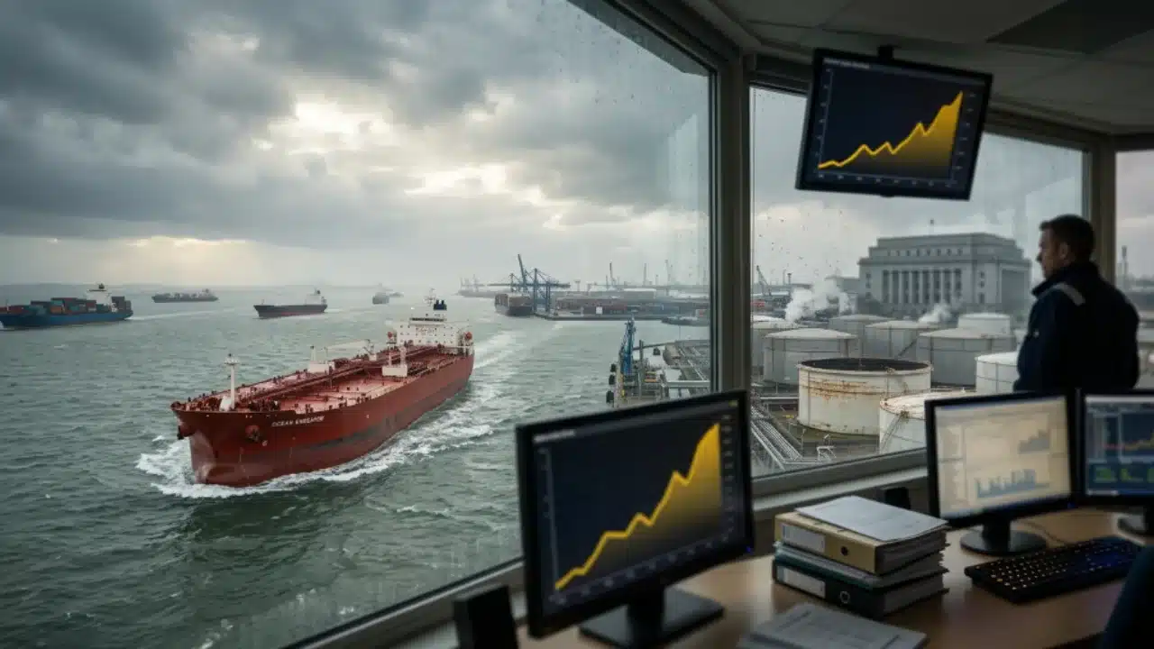 Vista do interior de uma sala de controle panorâmica de um porto comercial. Através das janelas de vidro sob céu nublado, observa-se um grande navio petroleiro de casco vermelho e branco navegando próximo a tanques cilíndricos de armazenamento de combustível. Em primeiro plano, telas de TV e monitores sobre a mesa exibem gráficos de linhas amarelas em forte trajetória ascendente, com um operador à direita observando a movimentação marítima.