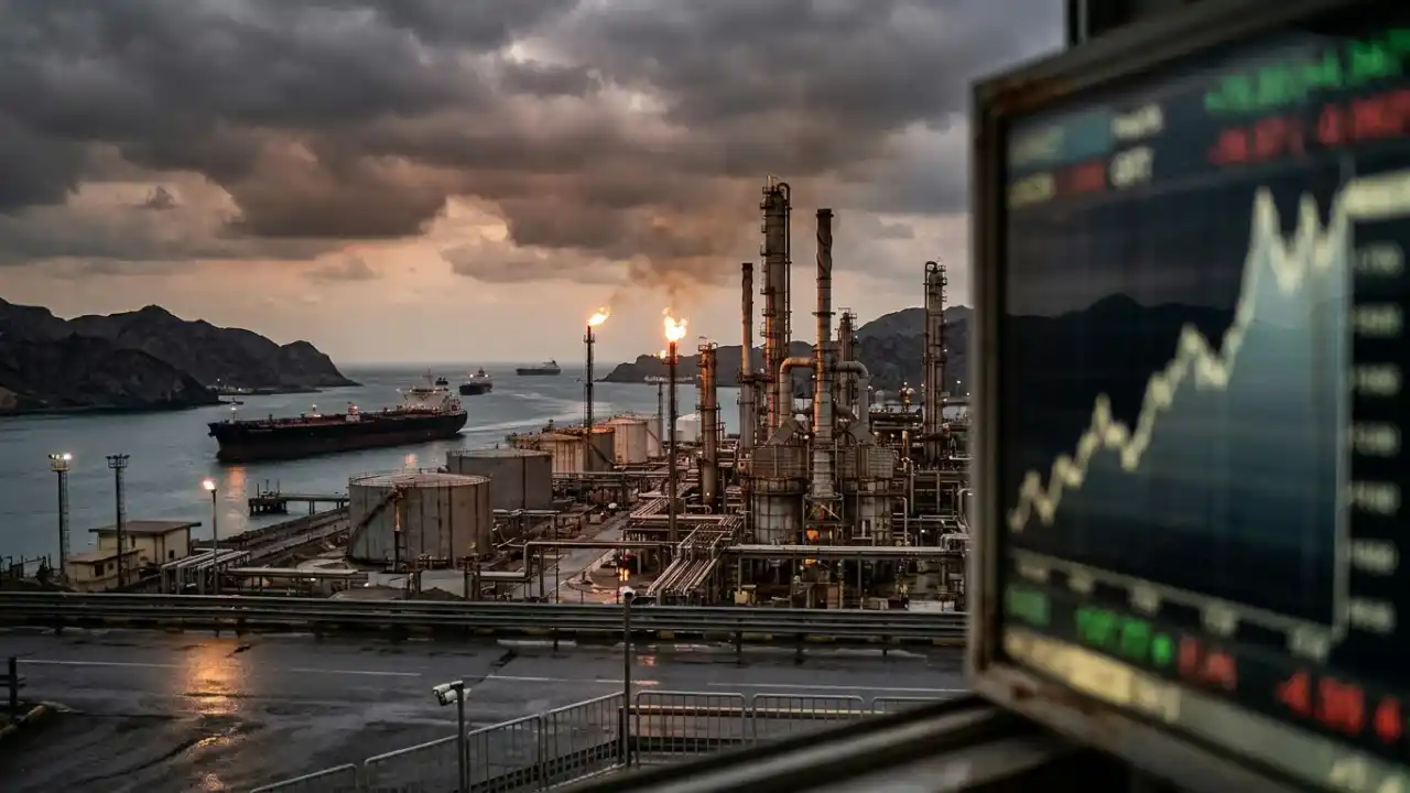 Fotografia em plano aberto de uma grande refinaria de petróleo localizada às margens de um canal marítimo sob um céu escuro e nublado de tempestade. À esquerda, grandes navios petroleiros e cargueiros navegam pelas águas escuras, cercados por montanhas áridas ao fundo. No centro, a infraestrutura industrial exibe tanques cilíndricos de armazenamento, tubulações interconectadas e altas torres de destilação com chamas de quebra de gás (flares) acesas no topo. No canto inferior direito, em primeiro plano e parcialmente desfocado, um monitor digital exibe um gráfico de linha financeira com forte tendência de alta e indicadores numéricos em verde.