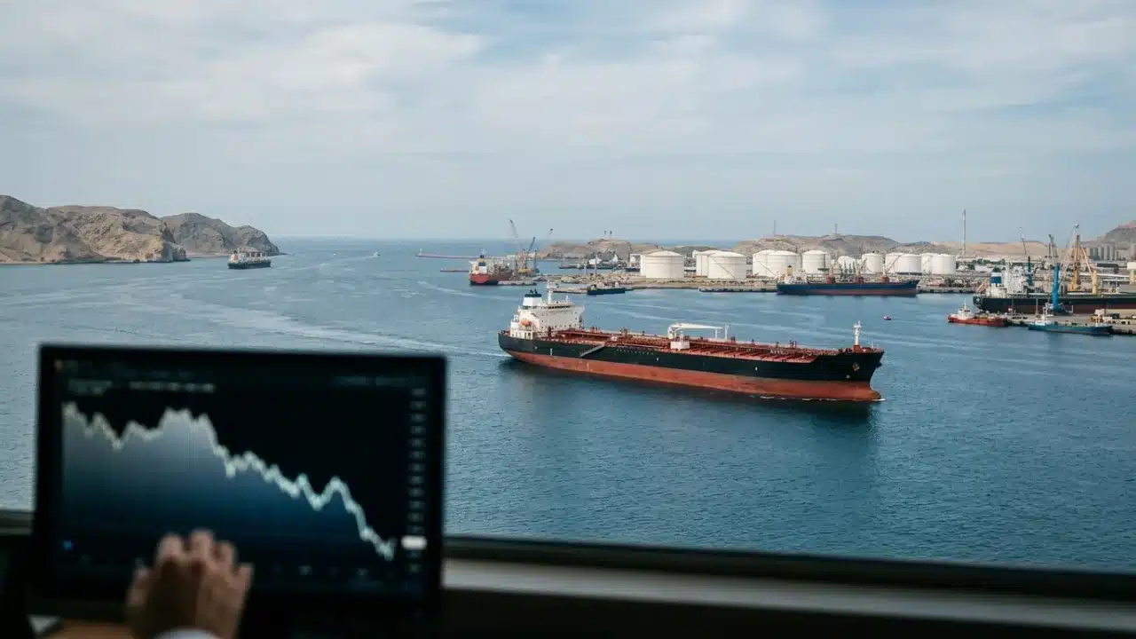Fotografia em perspectiva a partir do interior de uma sala de controle com ampla janela voltada para um porto e canal marítimo. No canto inferior esquerdo, sobressai-se um monitor exibindo um gráfico de linha com forte tendência descendente. Através do vidro, avista-se um grande navio petroleiro navegando em águas calmas em direção a um terminal logístico com tanques brancos de armazenamento e formações rochosas ao fundo, sob céu claro.