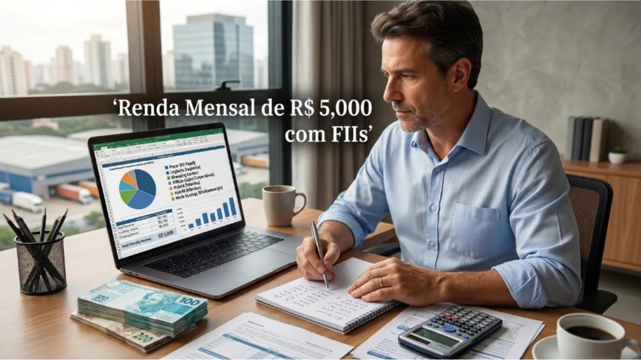 Fotografia em plano médio e ângulo diagonal de um investidor de camisa social azul claro sentado em sua mesa de escritório, escrevendo em um caderno espiral com uma caneta prata. À sua esquerda, um notebook aberto exibe um simulador financeiro com um gráfico de pizza colorido (divisão por setores de FIIs) e um gráfico de barras azuis ascendentes. Flutuando ao centro, destaca-se o texto em letras brancas "'Renda Mensal de R$ 5,000 com FIIs'". Sobre a mesa de madeira, encontram-se maços organizados de cédulas de R$ 100 e R$ 200 reais, planilhas impressas, uma calculadora financeira, uma caneca cinza e uma xícara de café expresso. Ao fundo, uma grande janela de vidro revela uma vista urbana industrial com galpões logísticos e caminhões sob a luz do dia.