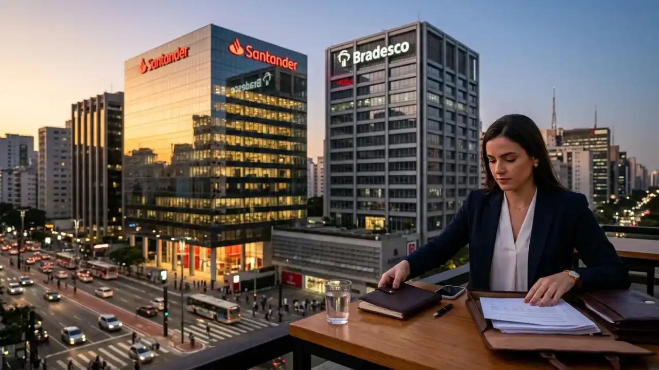 Fotografia em plano médio de uma analista de investimentos de blazer escuro e camisa branca, sentada à mesa de madeira em um terraço corporativo com papéis e pasta de couro abertos ao entardecer. Ao fundo, sob a iluminação de um movimentado corredor viário urbano, destacam-se lado a lado os edifícios corporativos espelhados com os logotipos luminosos "Santander" (em vermelho) e "Bradesco" (em branco).