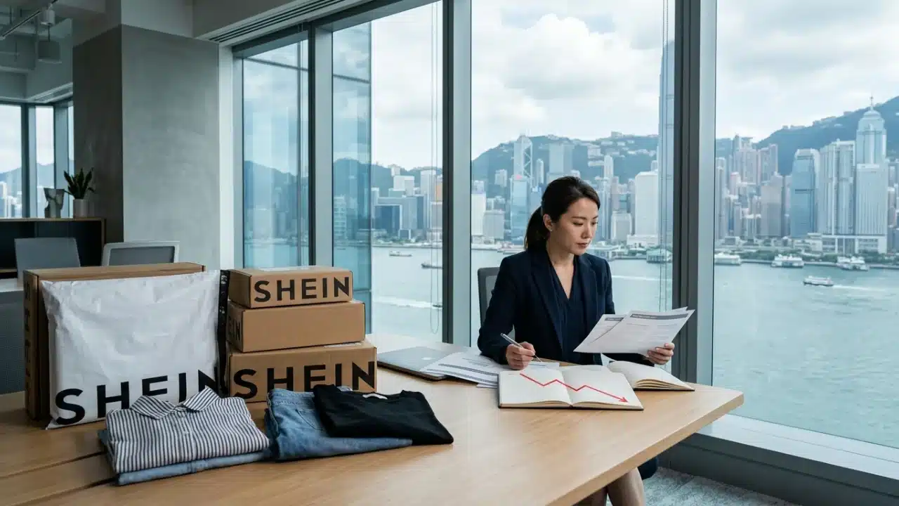 Fotografia de uma executiva em blazer escuro sentada à mesa de um escritório de alto padrão analisando relatórios financeiros. Sobre a mesa de madeira clara, destacam-se sacolas brancas e caixas de papelão impressas com o logotipo "SHEIN", roupas dobradas e um caderno aberto exibindo um gráfico em linha vermelha com tendência de queda. Ao fundo, através de janelas panorâmicas, avista-se o skyline de edifícios e o porto de Hong Kong.