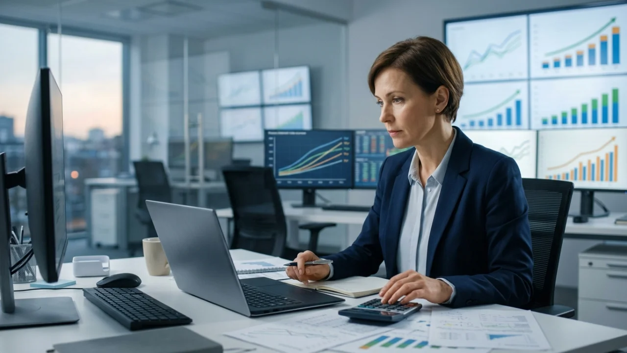 Fotografia em plano médio aproximado de um smartphone posicionado em um suporte de mesa ao lado de um notebook corporativo aberto. A tela do celular exibe o aplicativo oficial do Tesouro Direto com foco na tabela de rentabilidade dos títulos indexados à inflação (Tesouro IPCA+), destacando linhas com variações de taxas e o ticker de prazos longos. Ao fundo, a tela do notebook mostra planilhas financeiras complexas com gráficos de barras e de linhas em ascensão representando as taxas de juros futuras. O ambiente de fundo é um escritório moderno com iluminação sutil e focada, transmitindo um aspecto técnico e analítico.