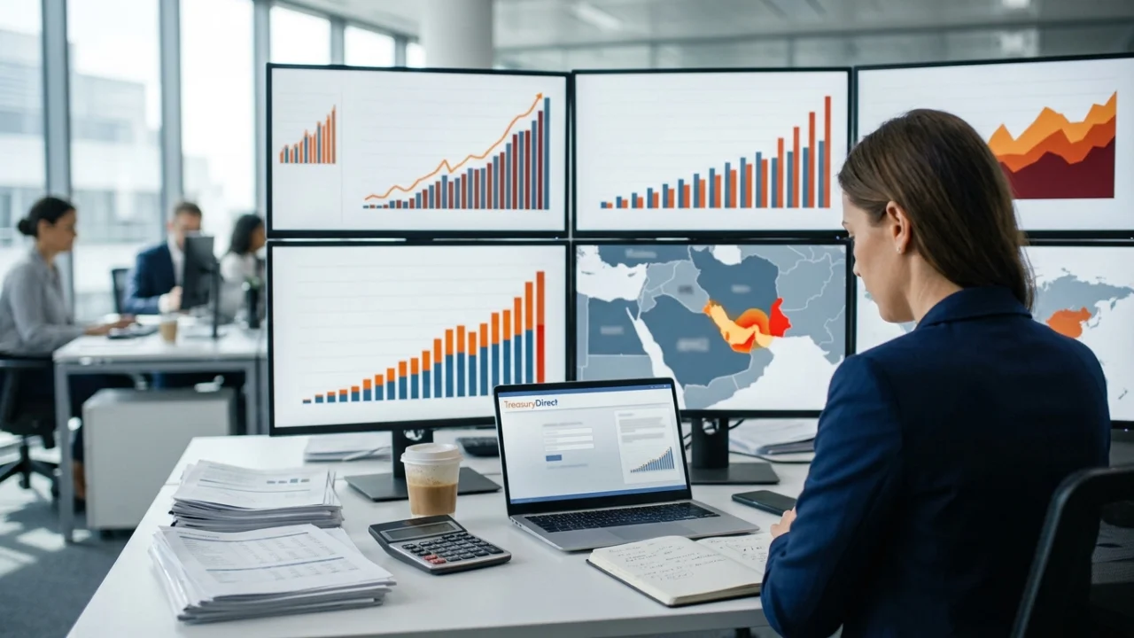 Fotografia em plano médio com ângulo lateral-traseiro de uma analista financeira sentada em sua estação de trabalho corporativa. Ela aparece de costas parciais, observando um grande painel integrado com múltiplos monitores. Três das telas exibem gráficos de barras e áreas com acentuada tendência de alta em cores vermelha e laranja, enquanto a tela inferior central mostra um mapa geopolítico detalhado do Oriente Médio com marcações em vermelho e laranja na região do Golfo Pérsico e do Estreito de Ormuz. Sobre a mesa branca, há um notebook aberto exibindo a interface de login de um portal de títulos públicos, pilhas ordenadas de relatórios impressos, uma calculadora digital financeira, uma caneca de café e uma agenda de anotações aberta. Ao fundo, o restante do escritório iluminado mostra outros profissionais trabalhando.