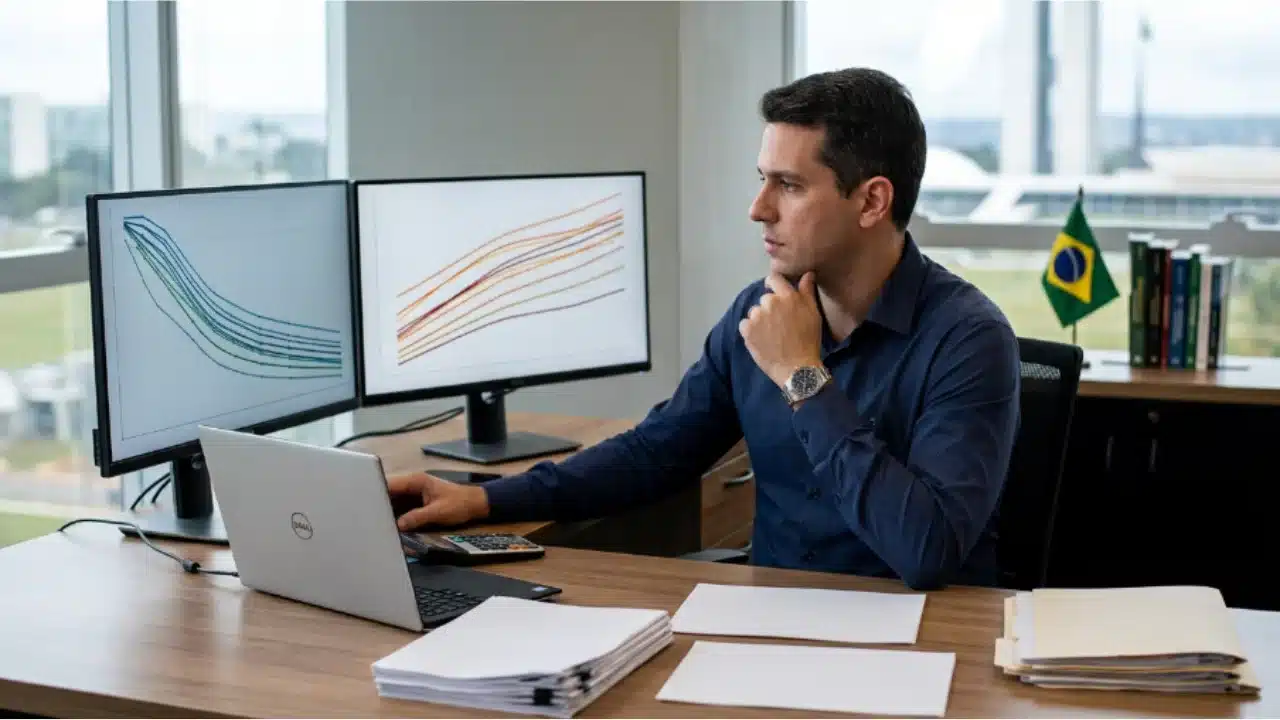 Fotografia em plano médio de um analista financeiro homem de camisa social azul, sentado em sua mesa de trabalho de madeira com a mão no queixo em atitude reflexiva. Na mesa há um notebook, calculadora, papéis e relatórios. À sua frente, dois monitores exibem gráficos de curvas de juros: o monitor da esquerda mostra linhas inclinadas para baixo em queda, enquanto o da direita exibe linhas inclinadas para cima em alta. Ao fundo, através de uma janela panorâmica, avista-se a arquitetura de Brasília sob céu claro e uma pequena bandeira do Brasil na mesa.