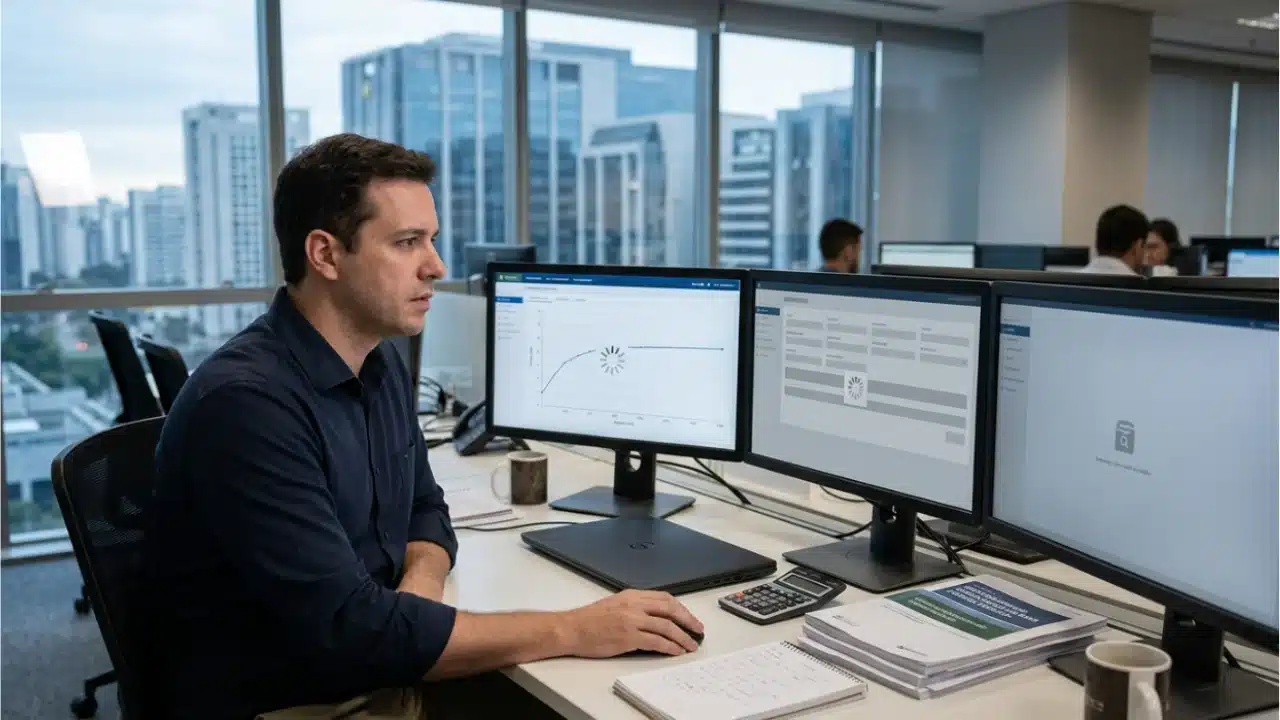 Analista financeiro em traje esporte fino sentado em uma mesa de escritório diante de uma grande janela com vista para edifícios corporativos. O profissional observa com atenção três monitores de computador dispostos lado a lado. Nas duas telas principais, gráficos de linhas e tabelas de dados financeiros estão pausados com ícones circulares de carregamento (loading spinner) centralizados, simbolizando interrupção de sistema. Sobre a mesa branca, encontram-se calculadora, caderno com anotações, relatórios impressos e caneca de café.