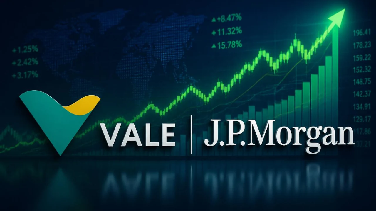 Logos da Vale e da JP Morgan lado a lado em fernte a um gráfico financeiro