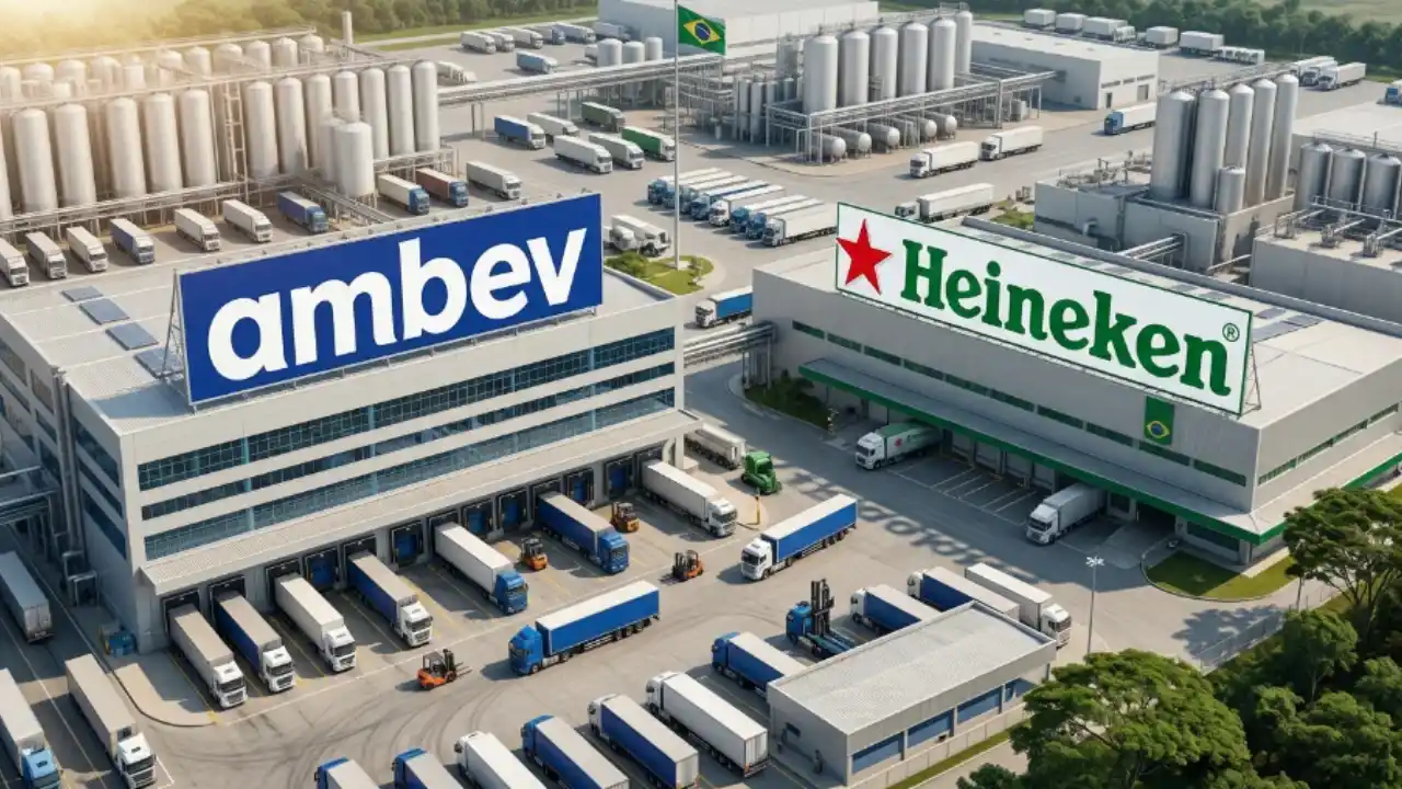 Ilustração em vista aérea de um grande complexo fabril e logístico industrial dividido lado a lado: à esquerda, um prédio com letreiro azul escrito "ambev" e frota de caminhões azuis; à direita, um prédio com painel verde e letreiro "Heineken" com a estrela vermelha. Ao fundo, vê-se a bandeira do Brasil hasteada entre tanques verticais de fermentação.