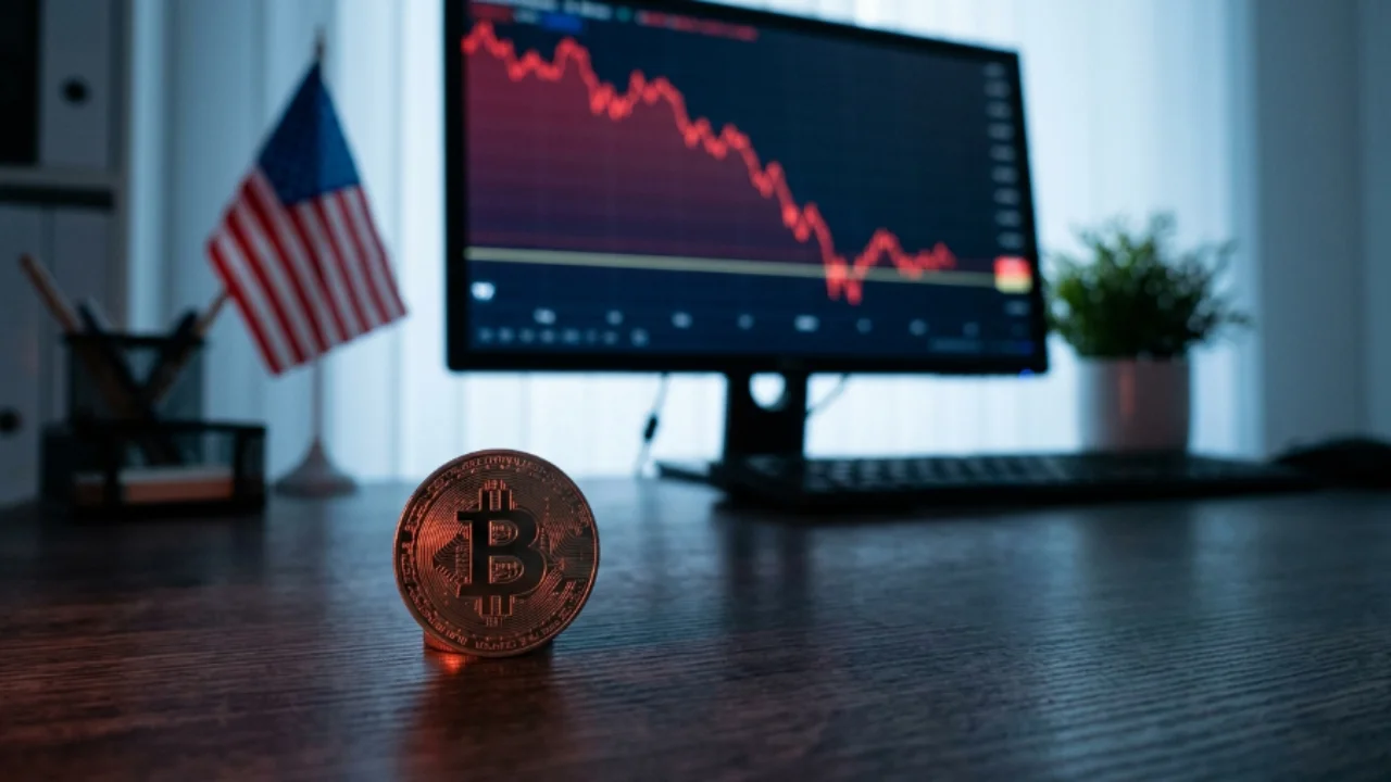 Moeda de Bitcoin em primeiro plano com gráfico em queda e bandeira dos EUA ao fundo, representando o movimento do Bitcoin hoje.