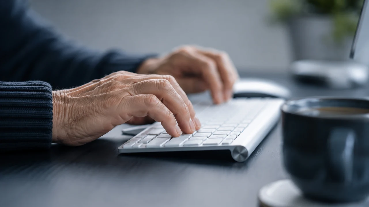 Mãos de idoso mexendo em um teclado para economia prateada