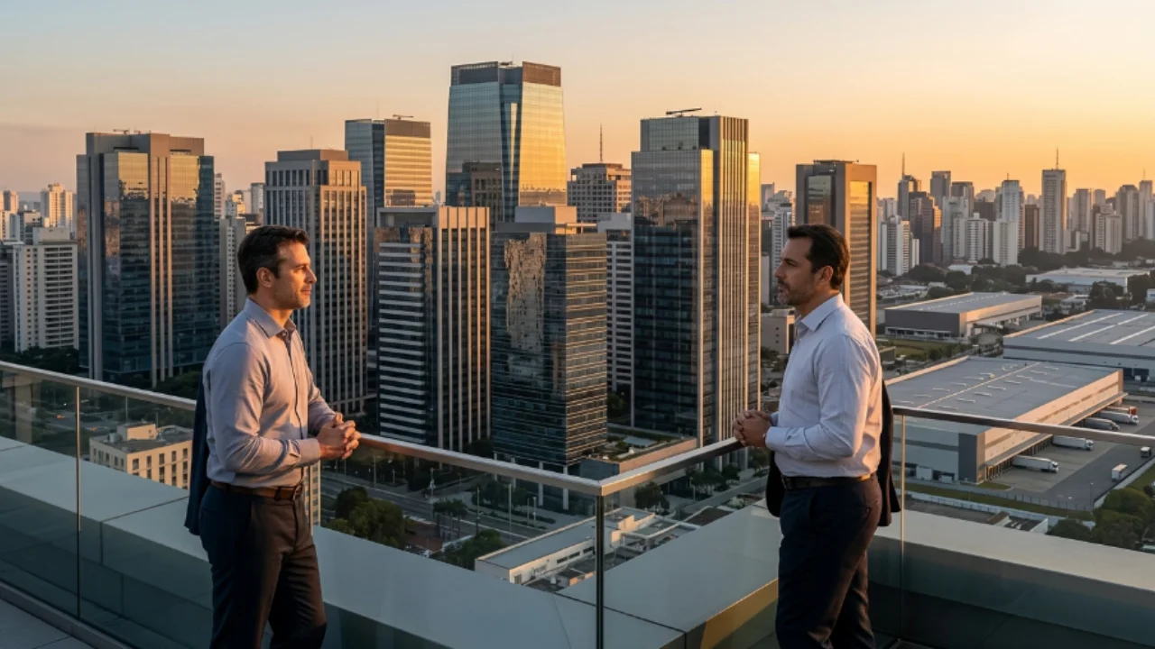 Dois homens de negócios em conversa em terraço corporativo com vista para torres de escritórios e galpões logísticos ao pôr do sol.