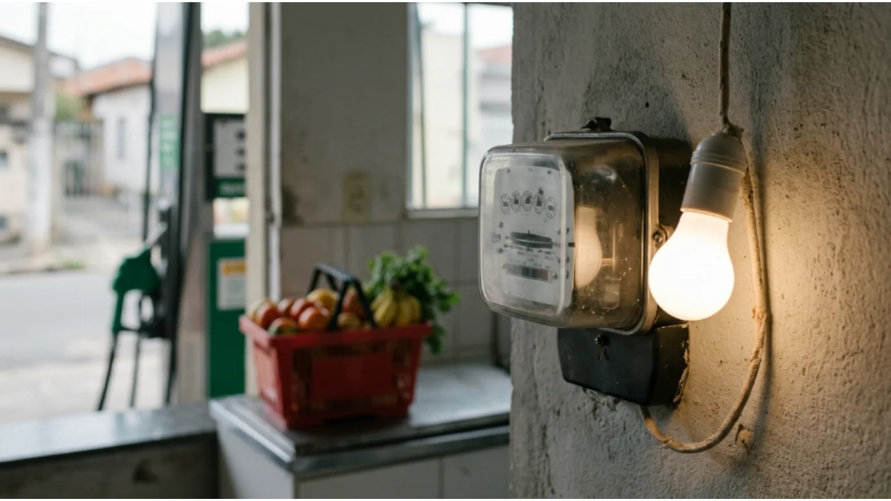 Medidor analógico de energia elétrica residencial e lâmpada acesa na parede, com cesta de hortifrúti ao fundo.