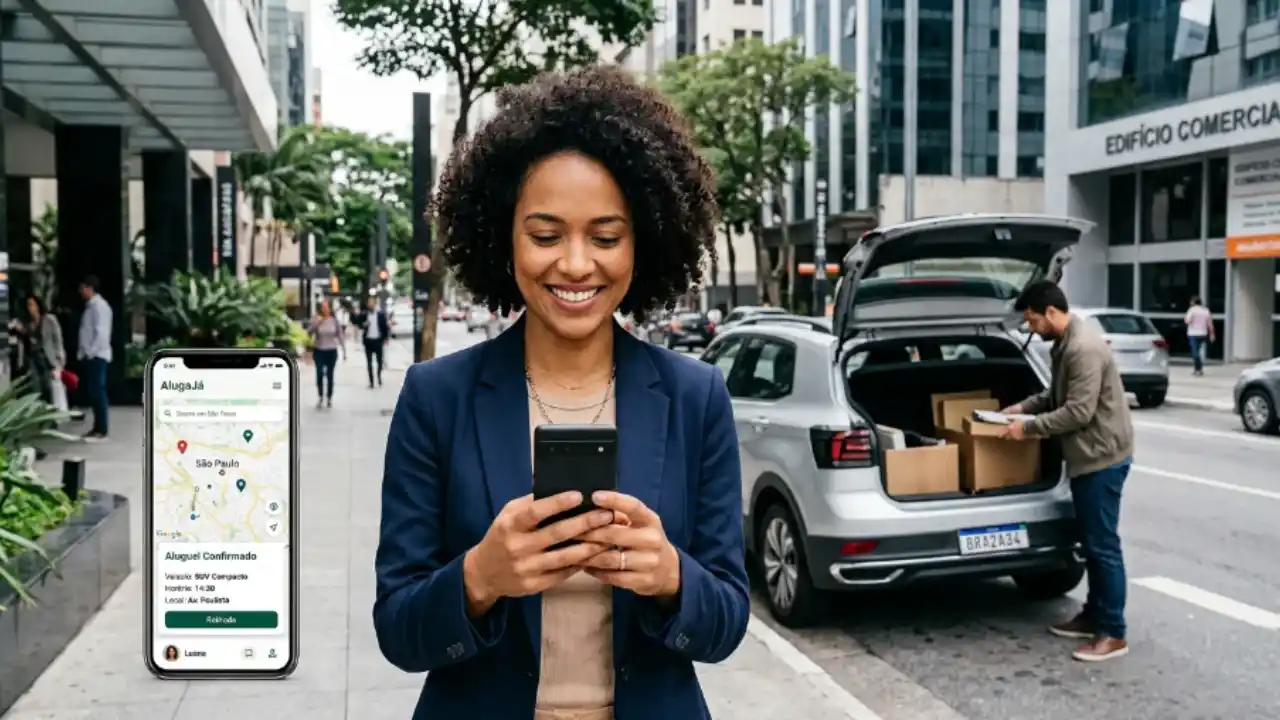 Mulher sorridente vestindo blazer escuro usando smartphone na calçada de uma avenida comercial, com interface de aplicativo móvel de aluguel de carros em primeiro plano e homem organizando caixas no porta-malas de um SUV prata estacionado ao fundo.