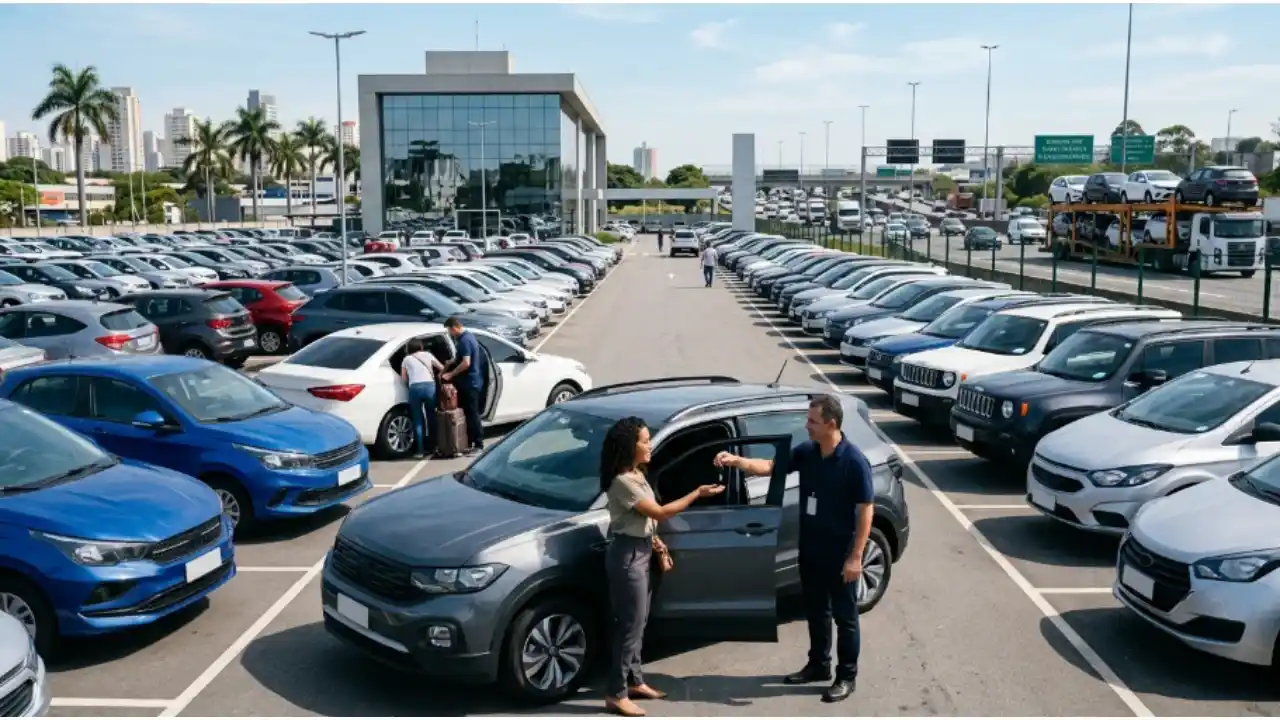 Cliente recebendo as chaves de um carro zero em pátio amplo de locadora de veículos.