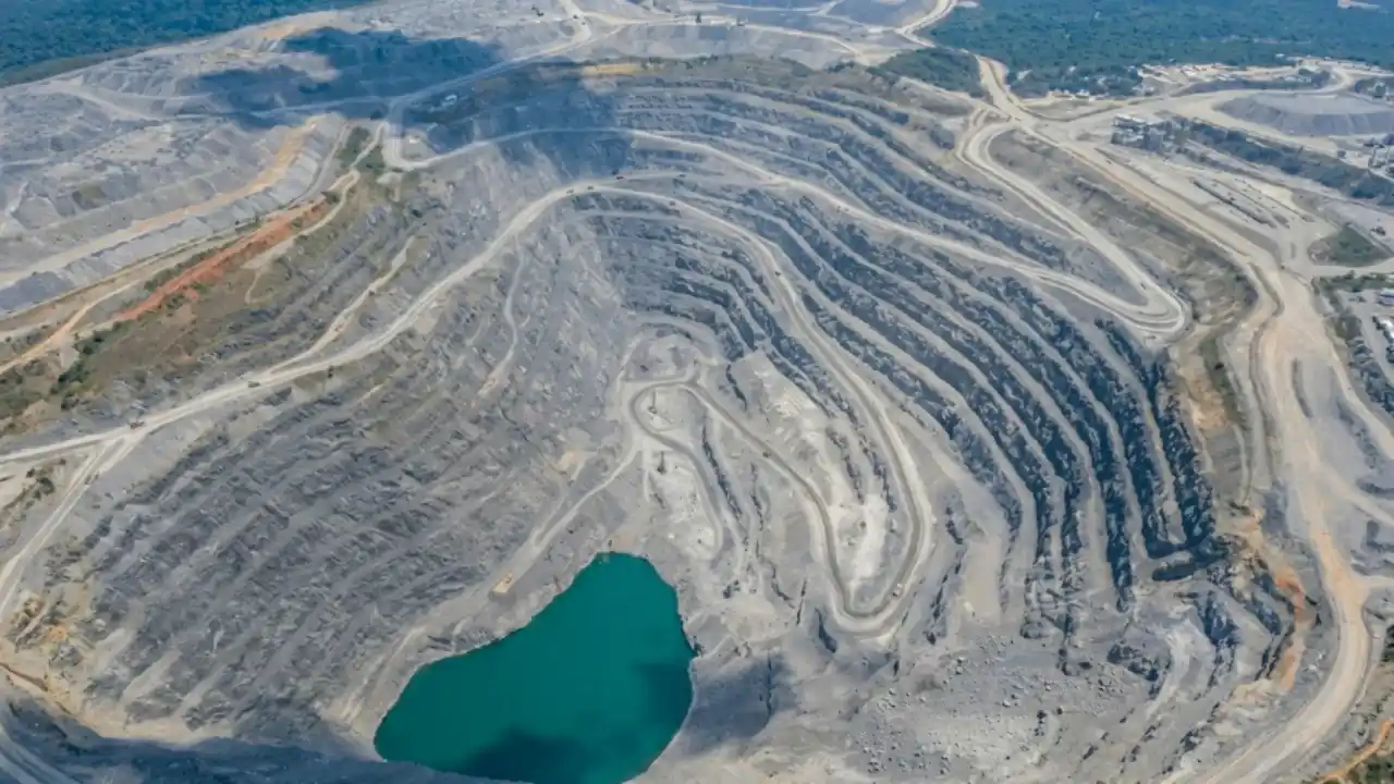 Vista aérea de grande cava de mineração de minério de ferro a céu aberto da Vale (VALE3), com lago verde no fundo e bancadas de lavra.