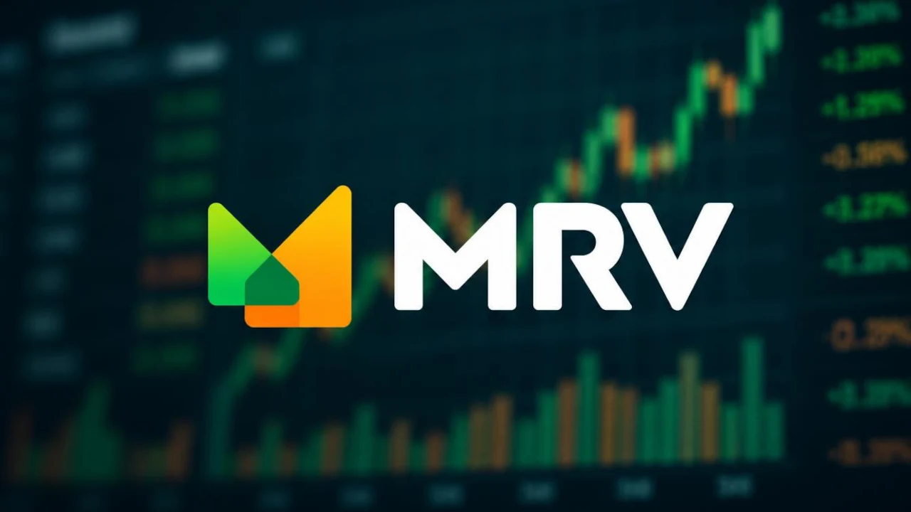 Logo da MRV em gráfico financeiro ao fundo