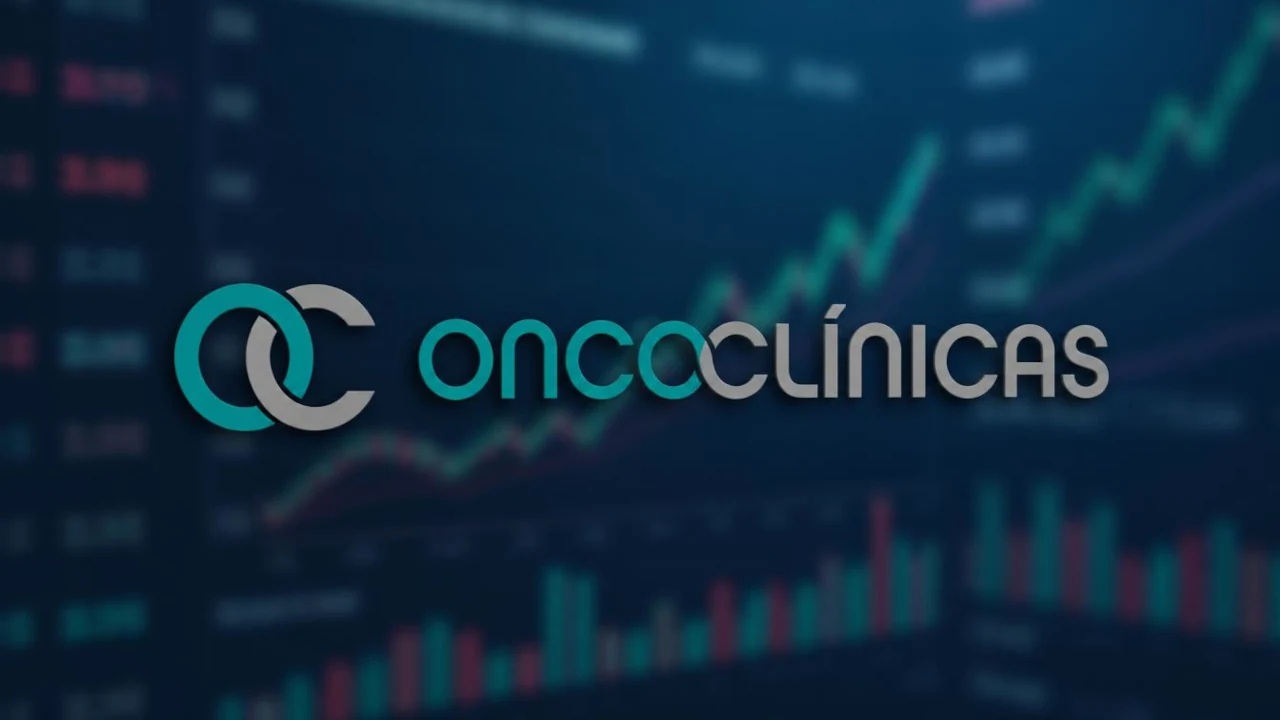 Logo da Oncoclíncias frente a gráfico financeiro em criação de IA