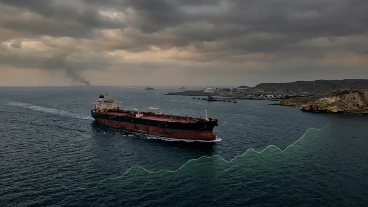 Navio petroleiro navegando em alto-mar próximo à costa com gráfico de linha indicando variação de preço.