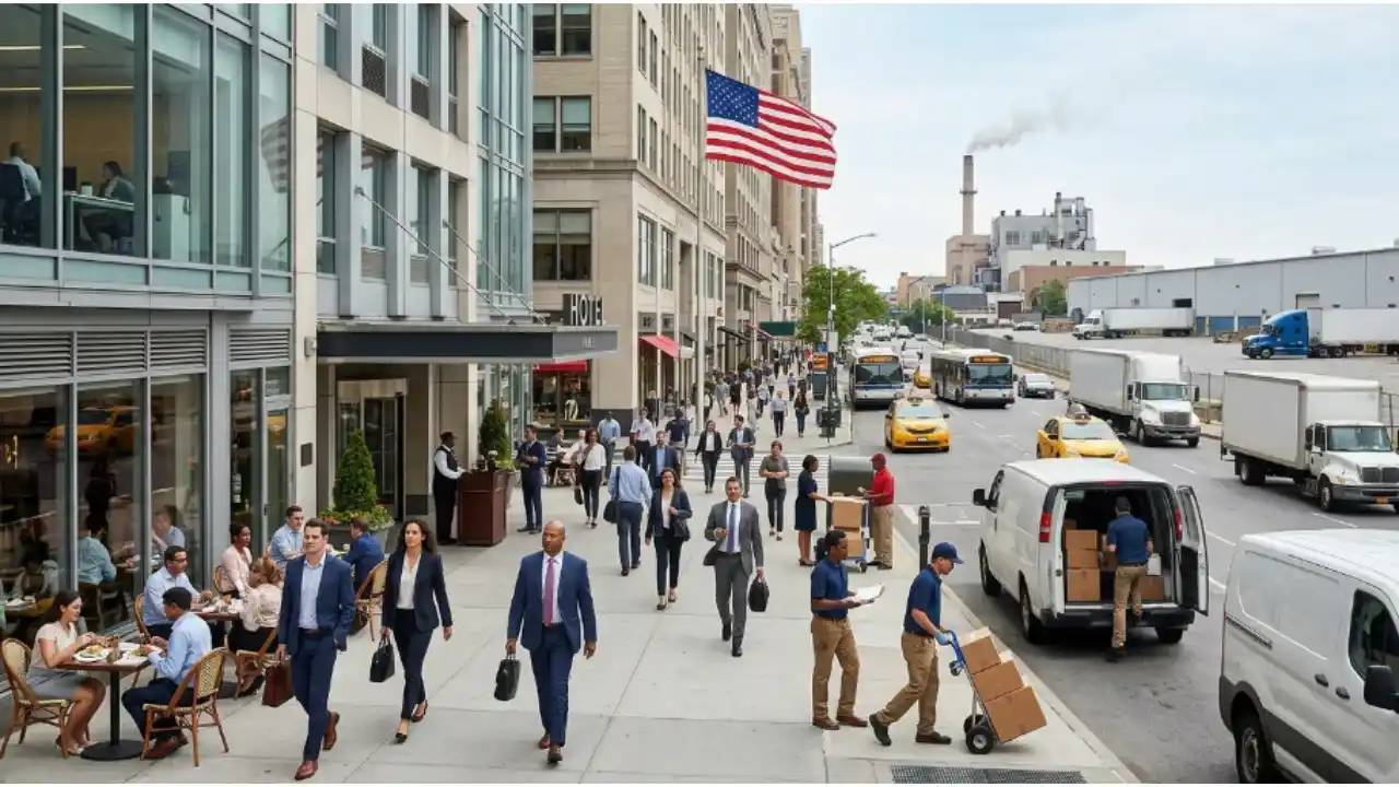Vista de rua urbana americana com pessoas em restaurantes ao ar livre, trabalhadores de logística e fábrica ao fundo, ilustrando o PMI dos EUA.