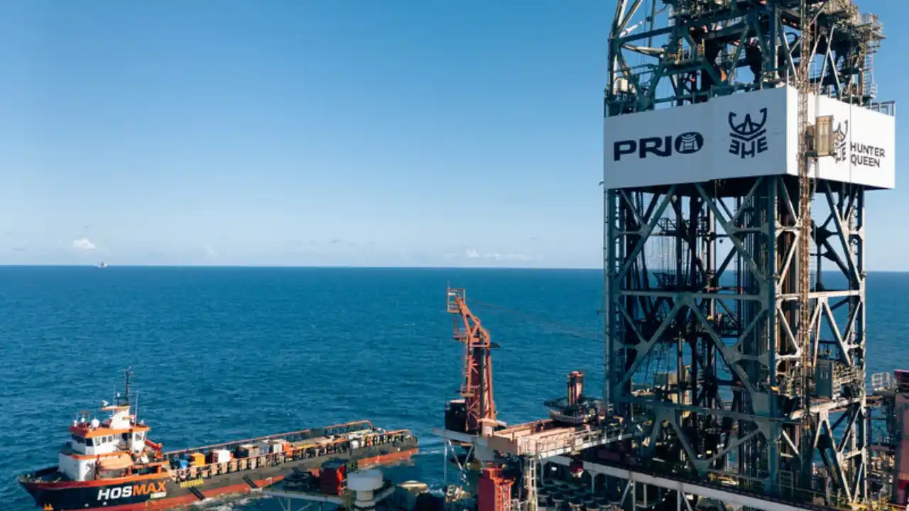 Vista de uma plataforma de petróleo offshore da PRIO em alto-mar, com a torre de perfuração exibindo o logotipo da PRIO e o nome "HUNTER QUEEN" em destaque. No mar azul ao lado, observa-se uma embarcação de suprimento offshore (OSV) da HOSMAX sob céu limpo e horizonte aberto.