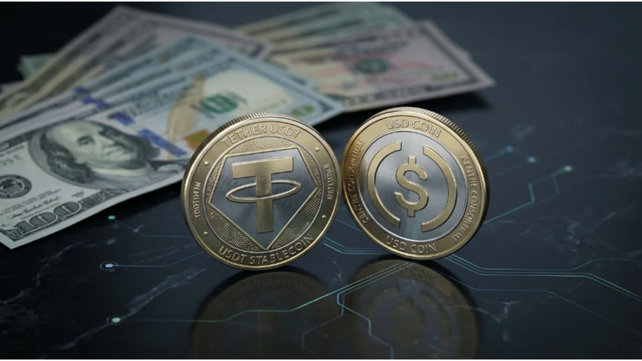 Close fotográfico macro das moedas físicas Tether USDT e USD Coin USDC (stablecoins de dólar) sobre um circuito brilhante. No fundo, há dinheiro (dólar) fanned e um terminal de pagamento ponto-de-venda.