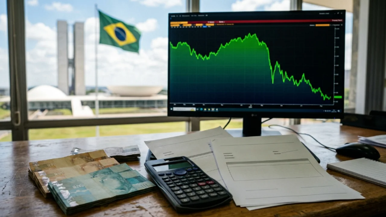 Monitor de computador exibe gráfico de curva de juros em forte queda com cédulas de Real e o Congresso Nacional ao fundo.
