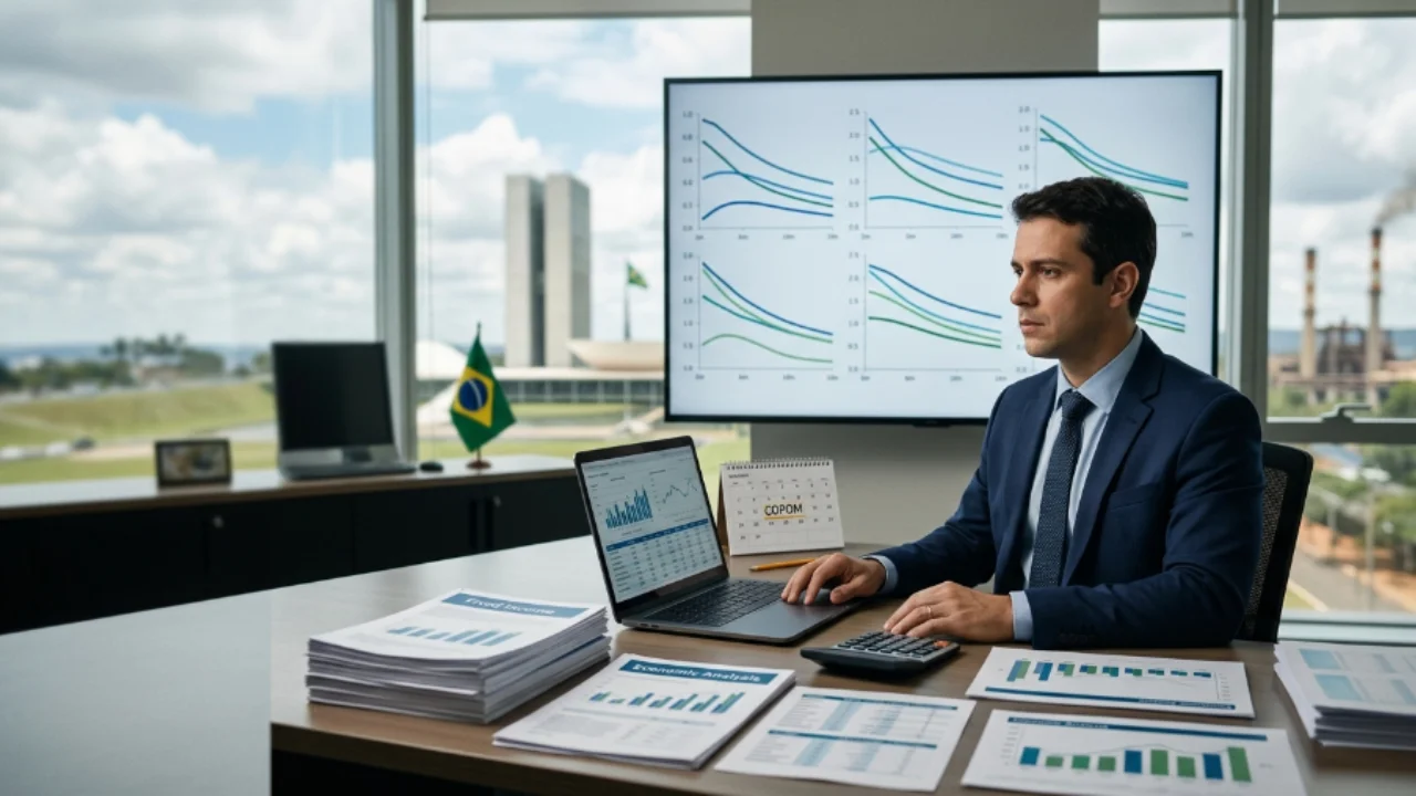 Economista de terno e gravata sentado em uma mesa de escritório corporativo em Brasília, com vista externa para as torres do Congresso Nacional e para uma fábrica com chaminés ao fundo. O profissional opera uma calculadora ao lado de um notebook e relatórios impressos com os títulos "Economic Analysis" e "Fixed Income". Sobre a mesa, destaca-se um calendário acrílico com a palavra "COPOM" e uma mini bandeira do Brasil. Ao fundo, um grande monitor exibe seis gráficos com curvas de rentabilidade de juros em queda.