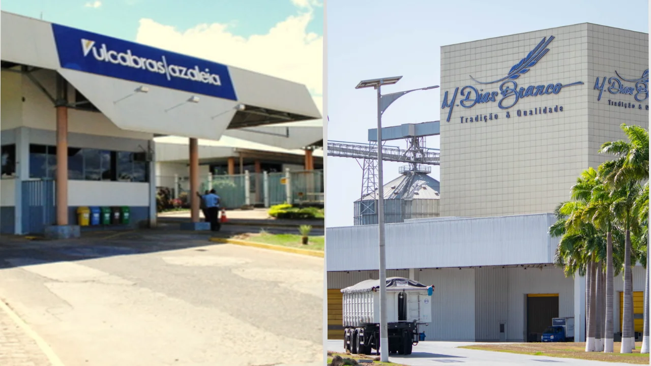 Vulcabras e M. Dias Branco em trade da EQI Research com Small Caps, exibindo fachadas industriais das duas companhias em montagem lado a lado.