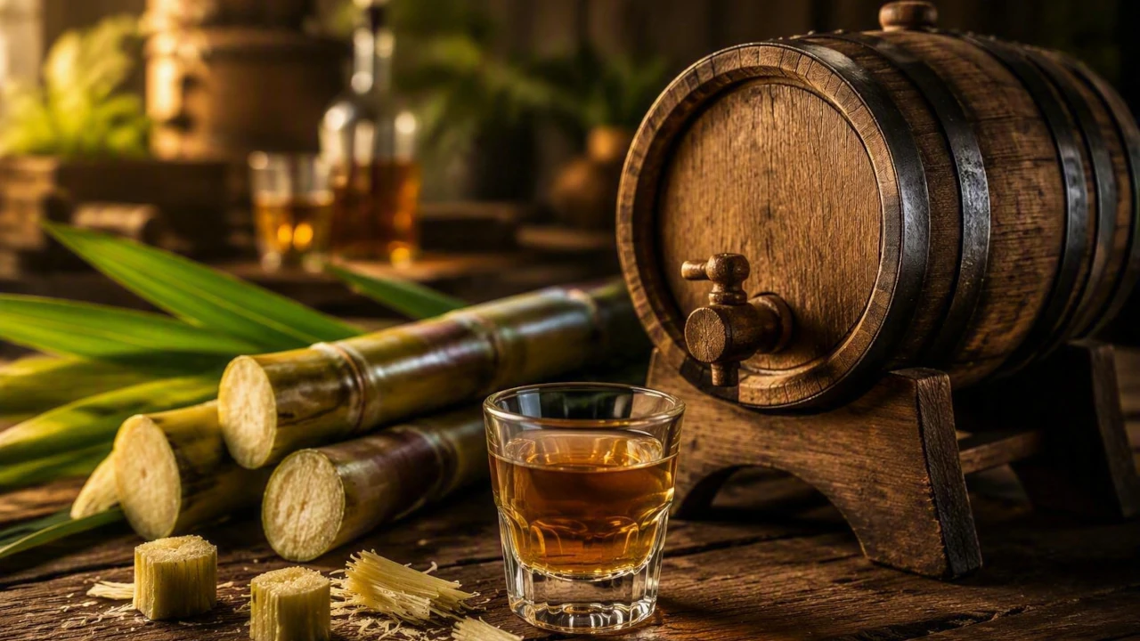 Barril de madeira para envelhecimento de cachaça sobre mesa rústica, acompanhado de um copo com bebida âmbar e pedaços de cana-de-açúcar. A cena tem iluminação quente e fundo desfocado, destacando o caráter artesanal e premium da bebida