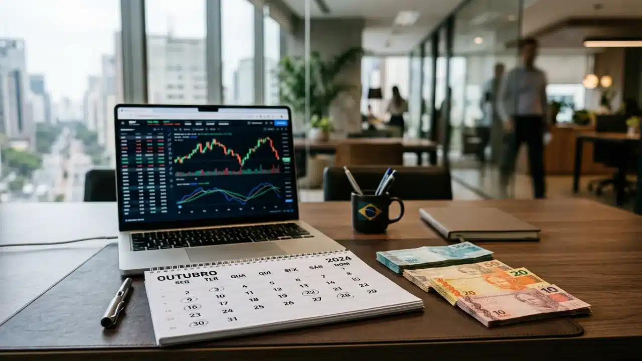 Calendário físico aberto no mês de outubro ao lado de notas de Real e notebook com gráficos financeiros em matéria sobre dividendos de outubro de 2026.