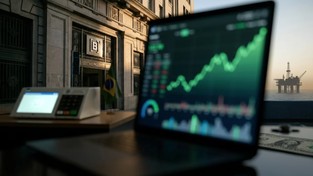 Fachada da B3 com urna eletrônica, notebook exibindo gráfico de alta em verde, nota de dólar e plataforma de petróleo ao fundo.