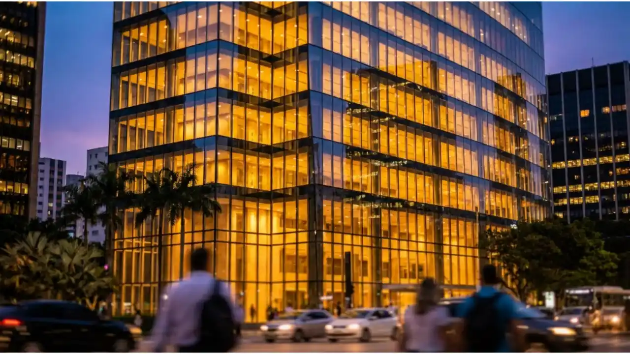 Edifício corporativo de vidro iluminado ao anoitecer em centro financeiro urbano com pedestres e veículos em movimento.