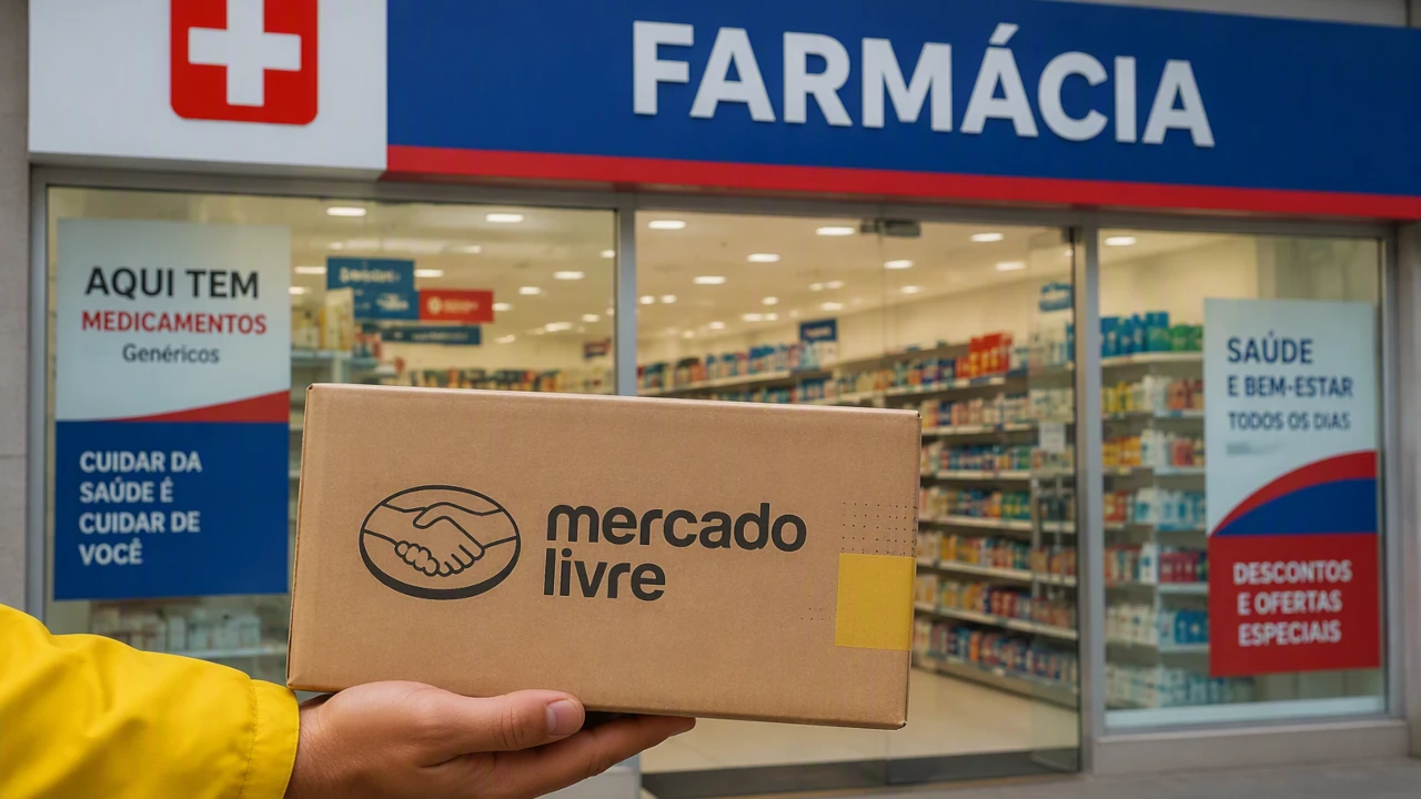 Mão segurando uma caixa do Mercado Livre em frente à fachada de uma farmácia, ilustrando a expansão do e-commerce no setor farmacêutico e os serviços de entrega rápida.