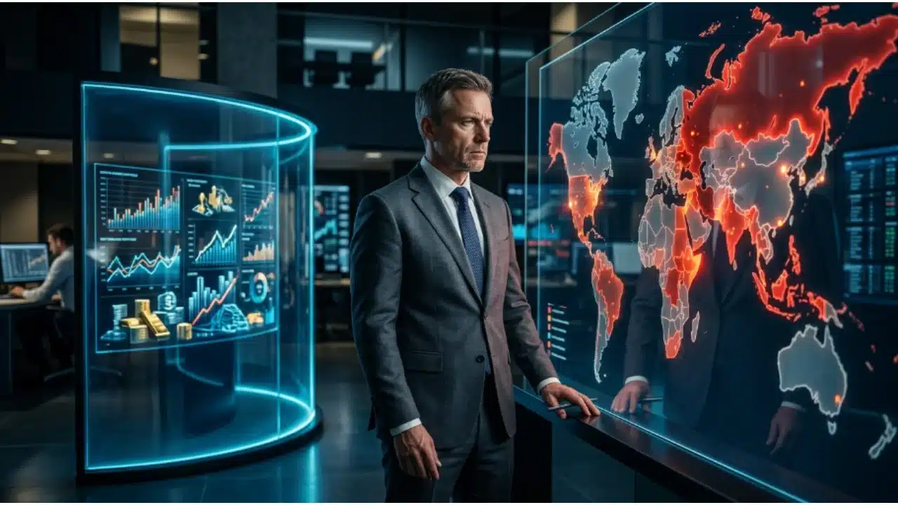 Investidor analista em sala de controle corporativa observando mapa mundi holográfico com zonas de tensão geopolítica em vermelho e gráficos financeiros.