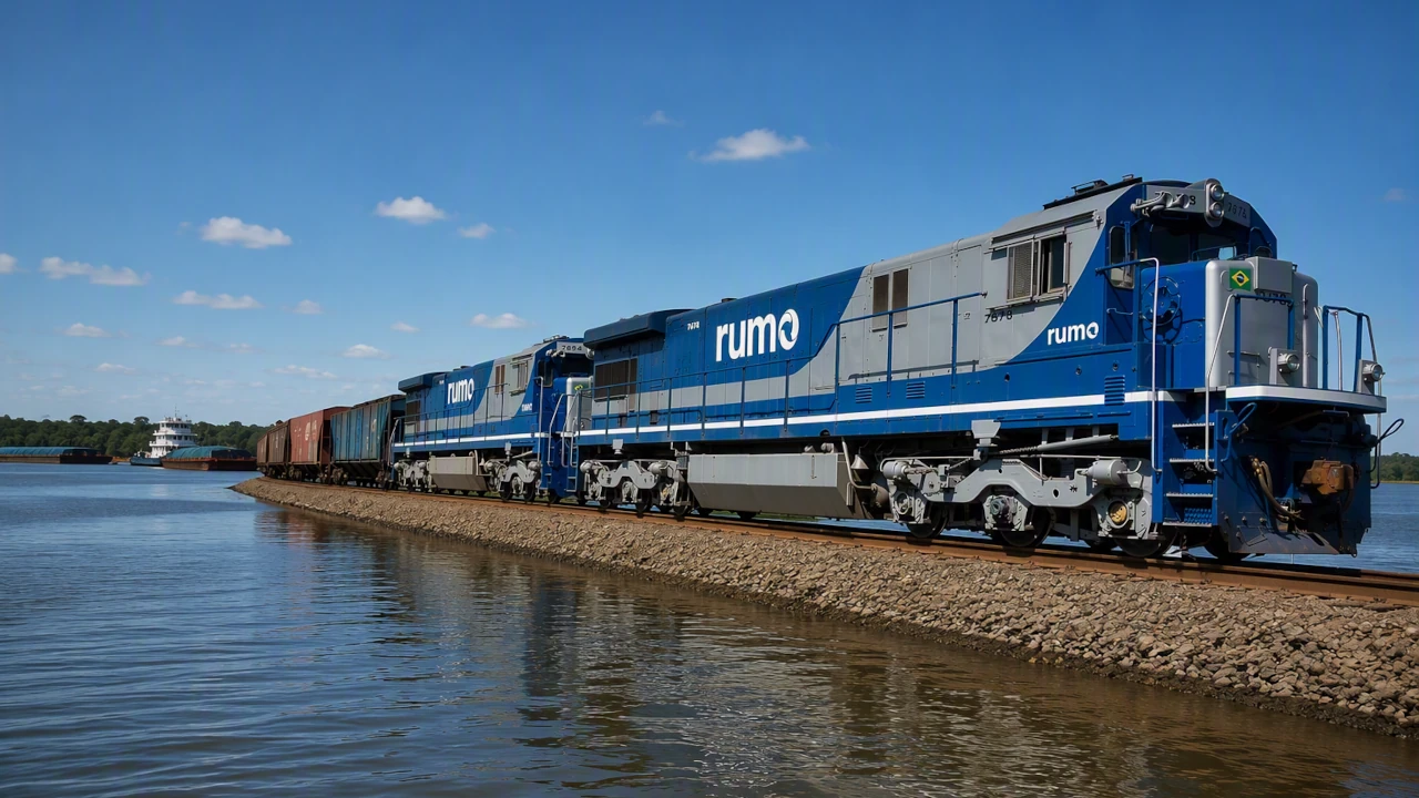 Trem cargueiro azul transportando grãos percorre uma ferrovia construída sobre um aterro cercado por água. Ao fundo, embarcações navegam por um amplo rio sob céu azul com poucas nuvens, destacando a integração entre os modais ferroviário e hidroviário na logística brasileira.