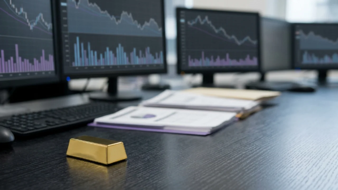 Barra de ouro física sobre mesa de escritório financeiro com monitores exibindo gráficos de mercado ao fundo.
