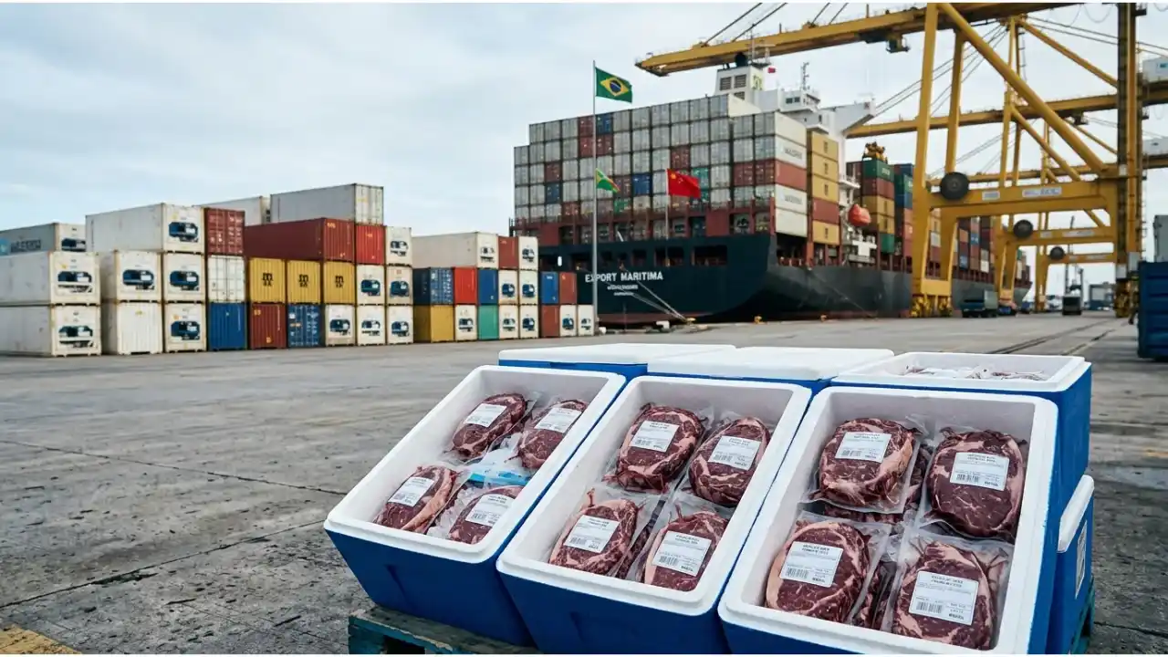 Caixas com carne bovina brasileira embalada a vácuo em porto diante de navio com bandeiras do Brasil e da China.
